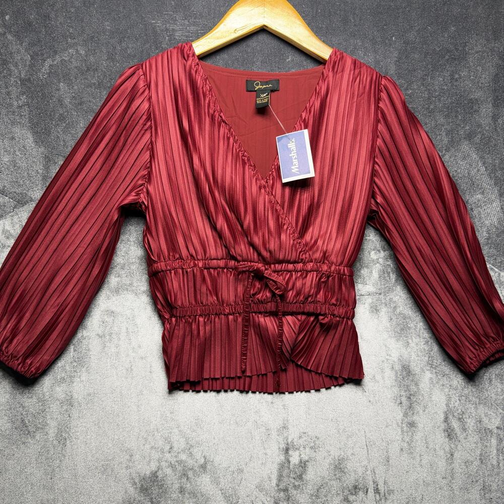 Japna Blouse Womens XS Red Cropped Satin Pleated Wrap Puff Sleeve Party